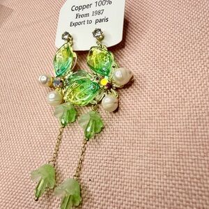 Handmade Betsy style gold plated over copper butterfly dangle earrings pearl